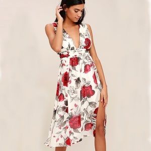 LULUS Queen of Hearts Floral White Red Midi Dress